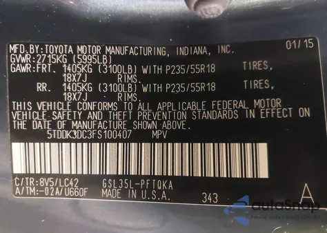 2015 Toyota Sienna Xle 7 Passenger из США, поврежденный, VIN 5TDDK3DC3FS100407